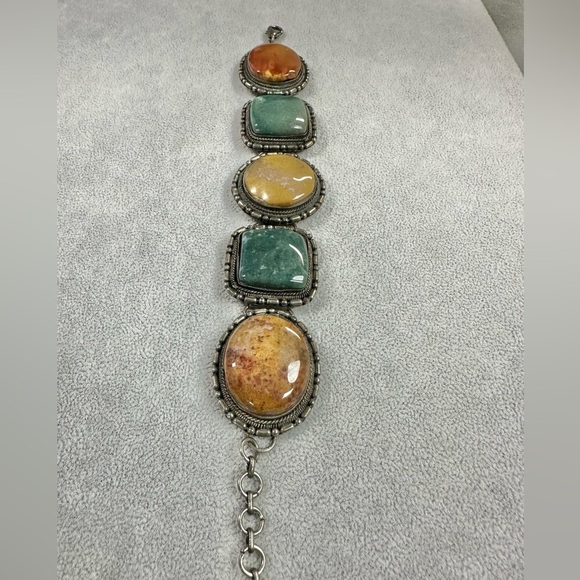 Vintage Artisan Indian Jasper Stone Silver Tone Chunky Boho Earth Tone Bracelet - Picture 4 of 8